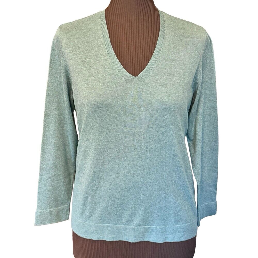 J Jill V-Neck Sweater Womens Large Petite Pullover Silk/Cotton Lt Teal Green